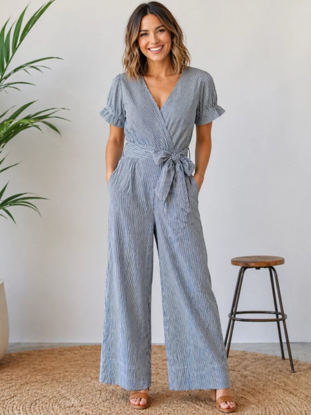 J.Crew Striped Belted Wide Leg Org Cotton Jumpsuit 6 Coastal Chic Quiet Luxury